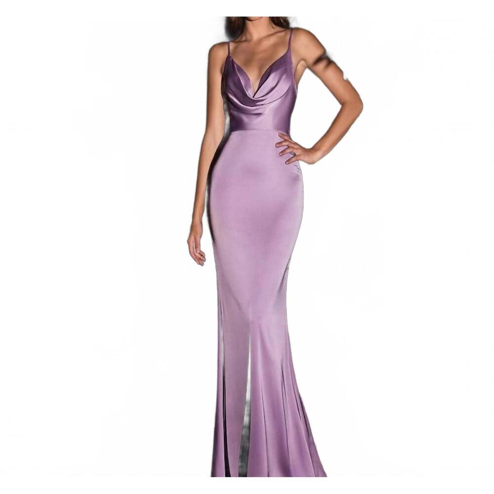 NEW CINDERELLA DIVINE cowl fitted satin gown in lavender